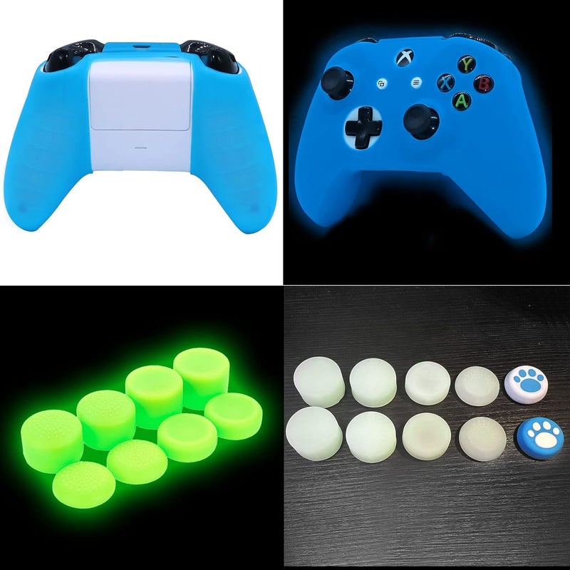 HLRAO Blue Silicone Cover Skin for Xbox One S/X Controller Glow in The Dark Anti-Slip Soft Rubber Case Protector Accessories Set with 8 Glow in The Dark Thumb Grips Caps + 2 Cute Cat Paw Caps. - Image 3
